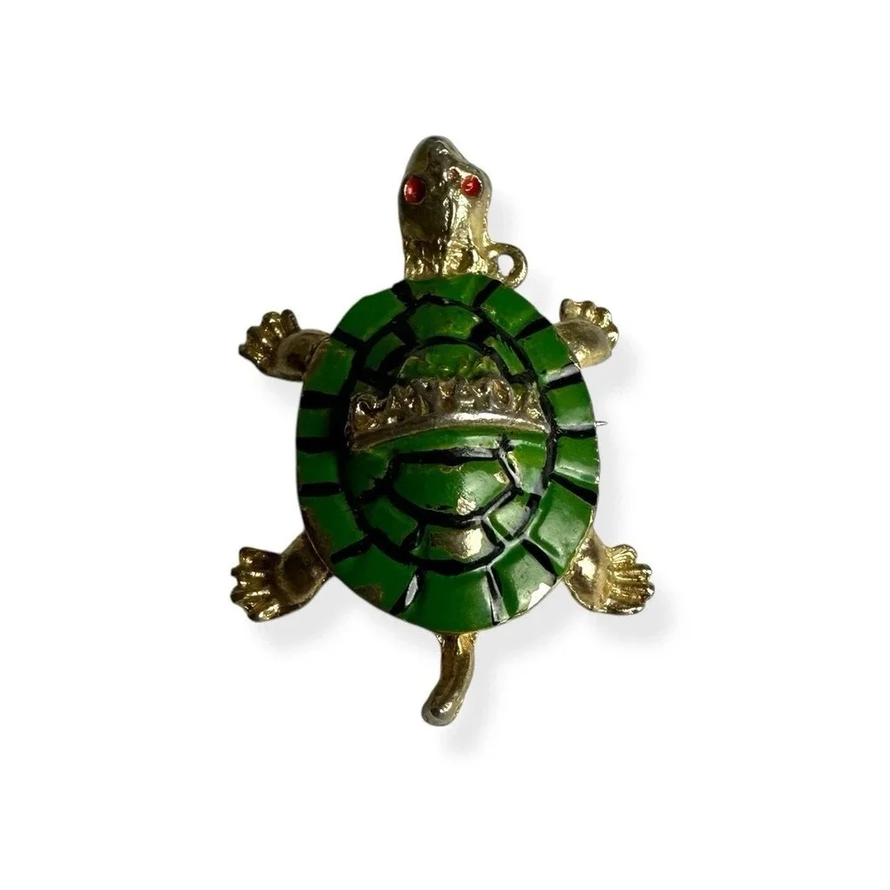 Vintage Canada Gold Tone‎ & Enamel Green Turtle Brooch Pin Red Eyes Souvenir